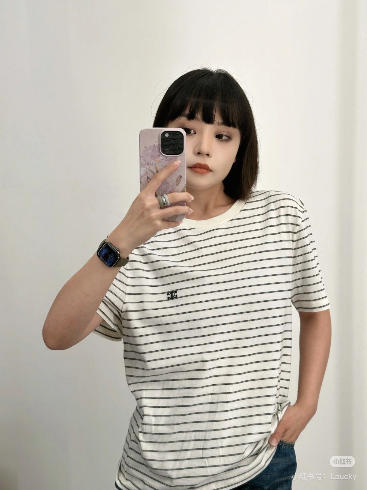 セリーヌ 刺繍ロゴ 半袖Tシャツ ストライプTシャツ A30152