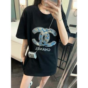 シャネル 半袖Tシャツ スパンコールデニムロゴ刺繍 可愛い A30344