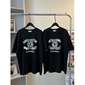 シャネル 半袖Tシャツ スパンコールデニムロゴ刺繍 可愛い A30344