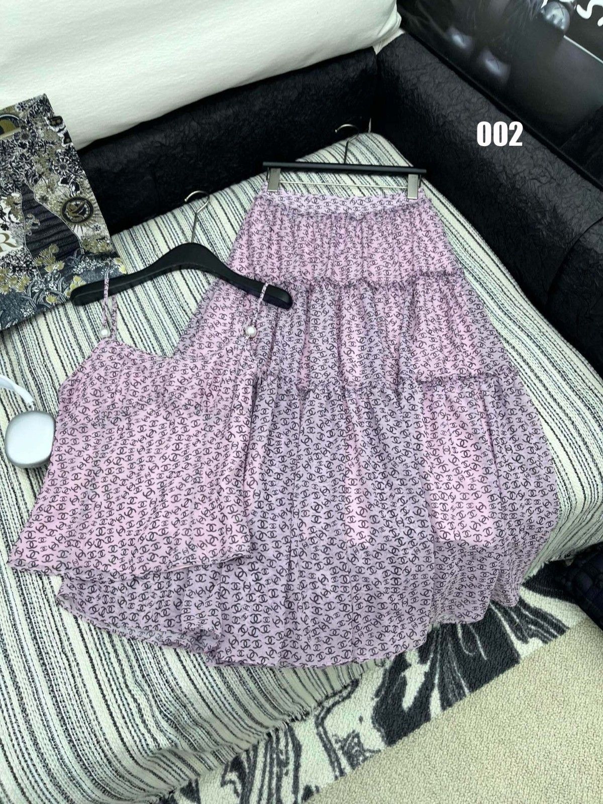 シャネル 上下セット プリントサスペンダースカート 可愛い A30421