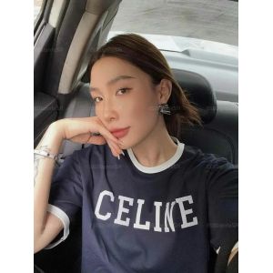 セリーヌ 半袖Tシャツ 文字刺繍入り ネイビー A30473