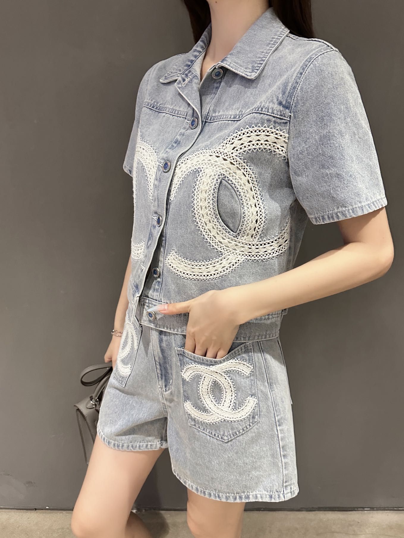 シャネル デニムシャル+ショーツセット レース刺繍 高級感 A30567