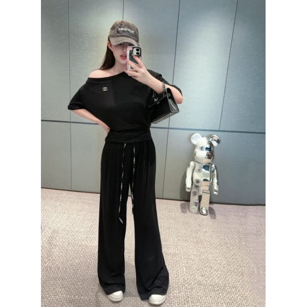 シャネル 上下セット 刺繍入り半袖トップスゴムウエストパンツ オシャレ A30712