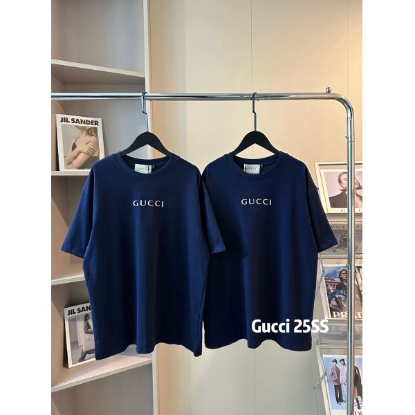 グッチ 半袖tシャツ 刺繍ロゴ 高級感 ネービー A30733
