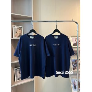 グッチ 半袖tシャツ 刺繍ロゴ 高級感 ネービー A30733